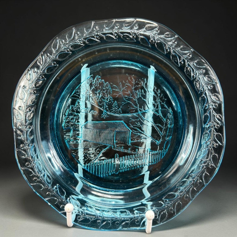 Vintage Blue Aquamarine Pressed Glass Plate Covered Bridge Scene 7.5 Inch